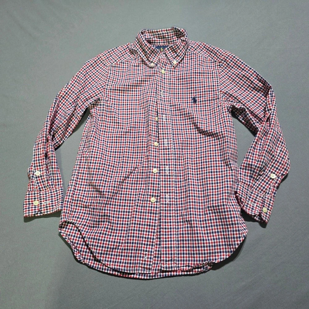 Ralph Lauren Button Down Shirt Kids small (8) Red White Blue Gingham Check Pony